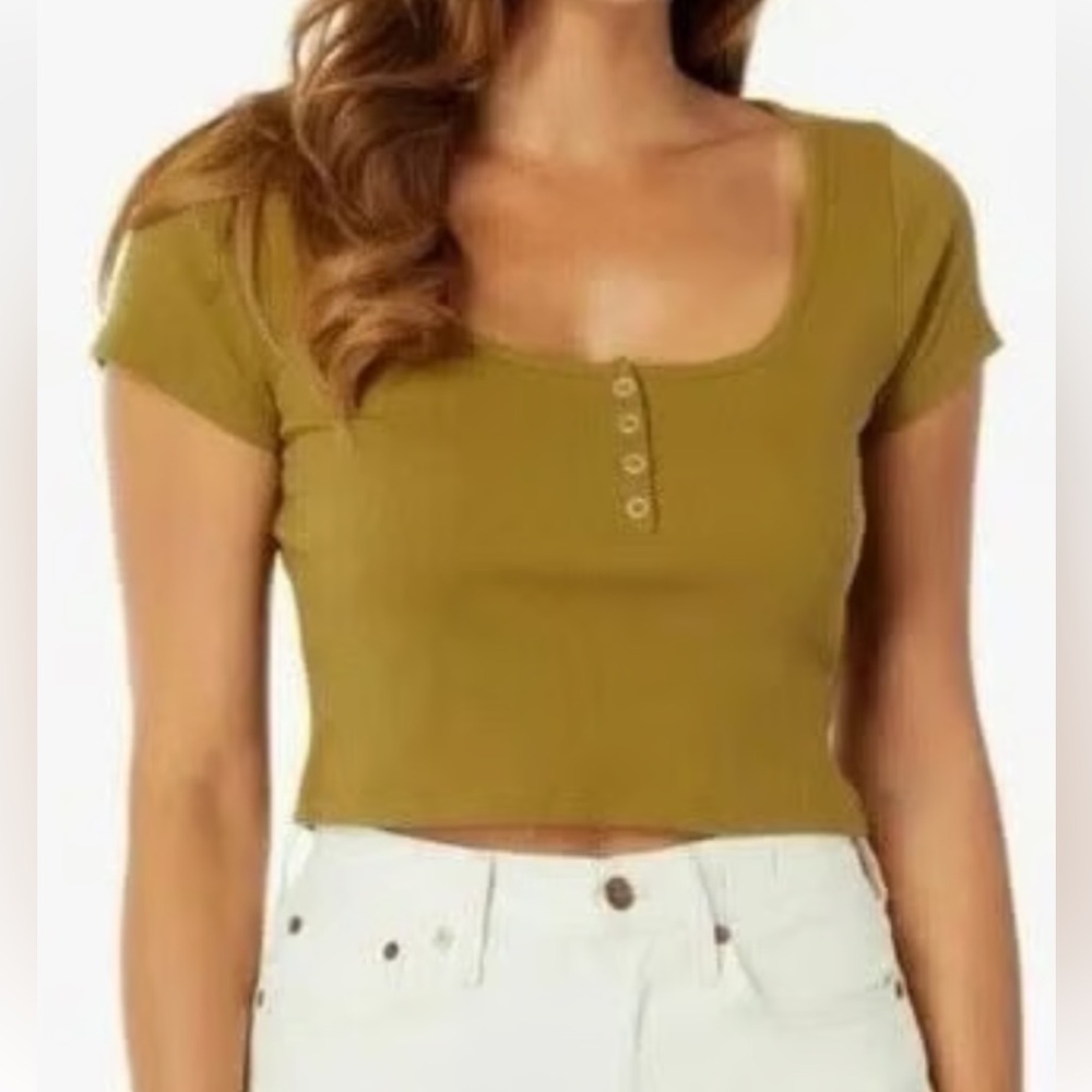 Madewell Ribbed Henley High-crop Tee in spiced olive size small - Picture 2 of 6